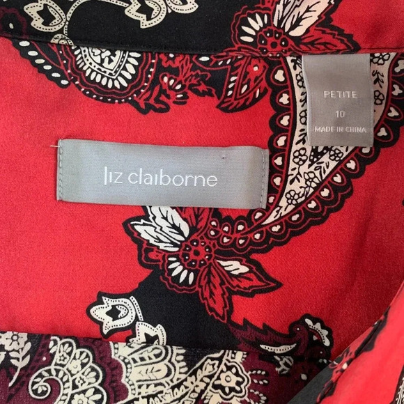 Liz Claiborne Silk Paisley Blouse Red & Black Elegant Long Sleeve P10 - Picture 4 of 7